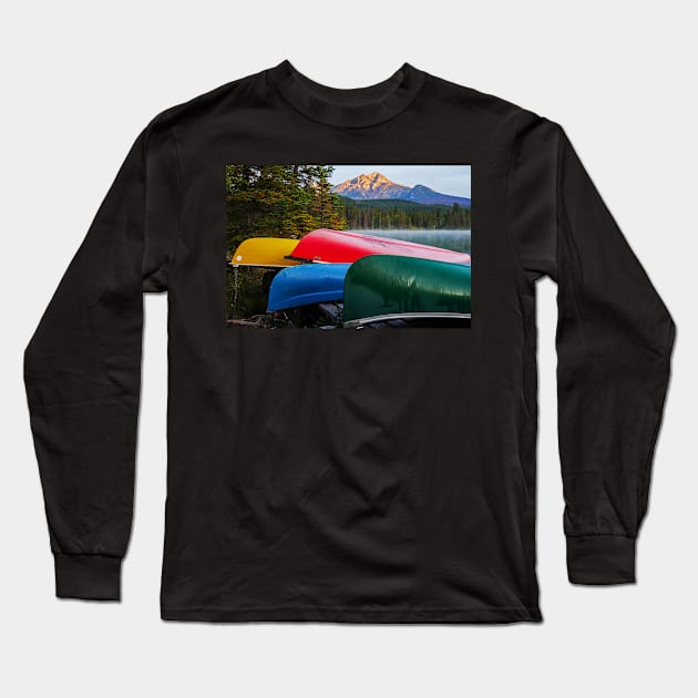 Canoes on Cavell Lake Jasper National Park Alberta Canada Pyramid Mountain Long Sleeve T-Shirt by WayneOxfordPh